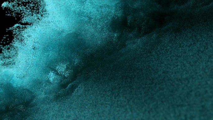 蓝色的沙盖被吹落在黑色孤立的背景上。气流。沙粒。缓慢的运动。三维动画