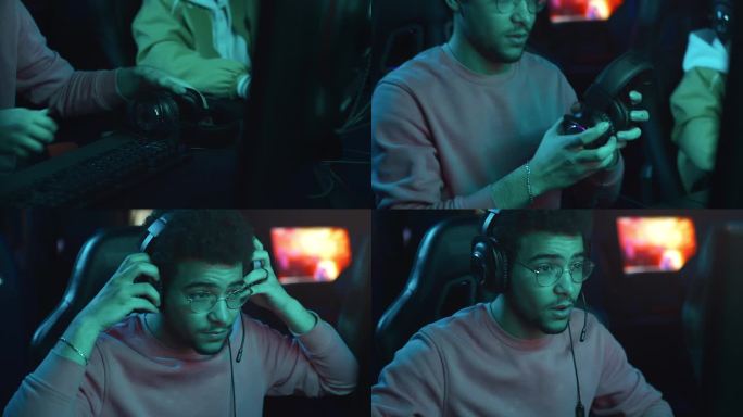 年轻的阿拉伯人坐下来准备在网络俱乐部玩电子游戏