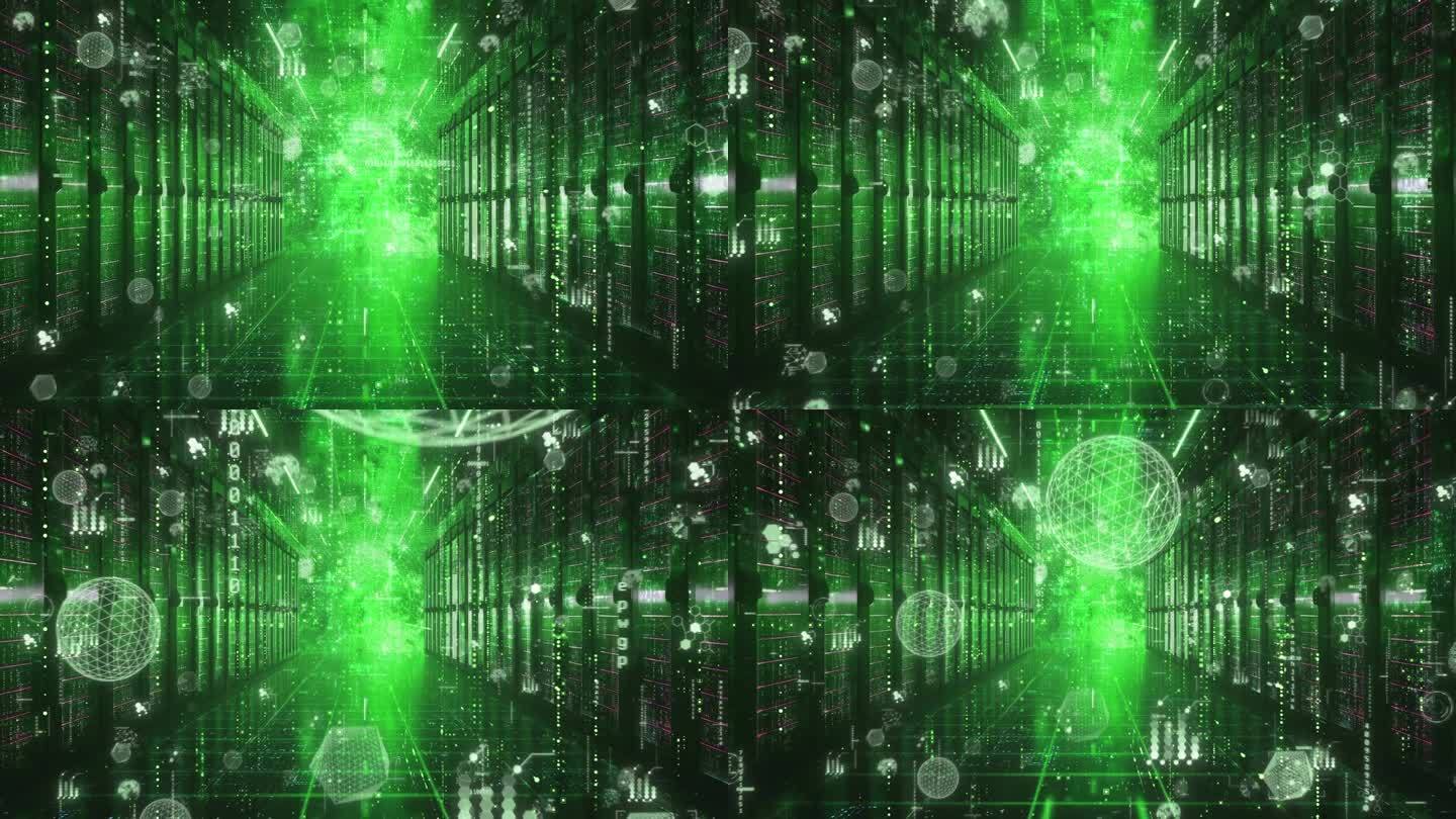 发光粒子与绿色数据中心未来的动画背景