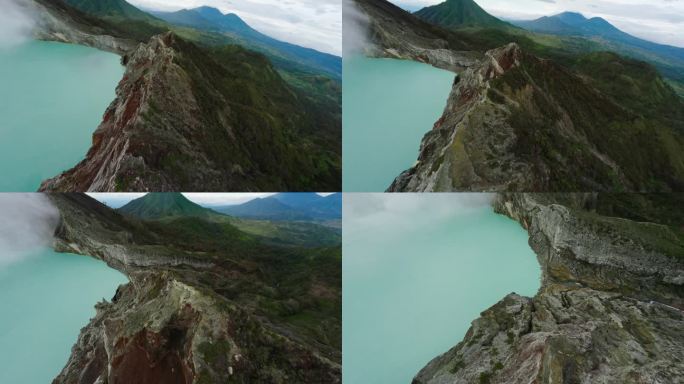 鸟瞰图山石纹理山脊火山口海池湖雾雾岩山谷