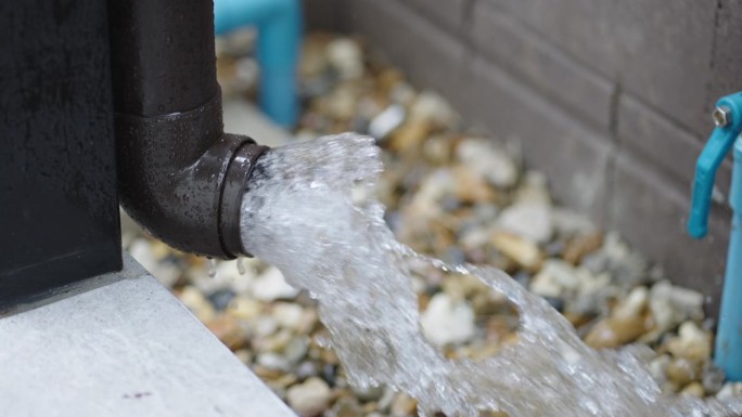 慢动作的水从屋顶倾泻到家里的排水管