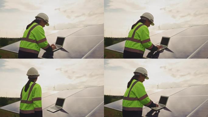 工程师检查安装太阳能板的效率