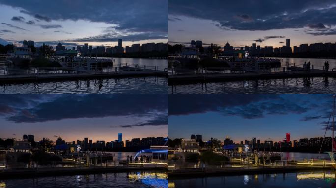 浑河晚霞夜景日转夜城市夜航游船码头河岸