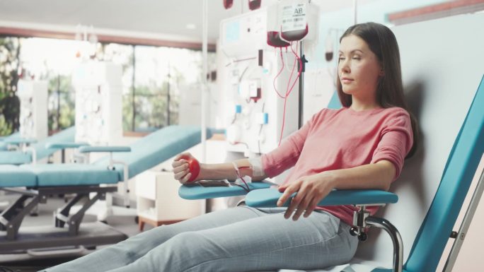 白人妇女在光明医院为有需要的人献血。女性献血者挤压心形红球，将血液通过管道泵入袋中。为抗癌儿童捐款。