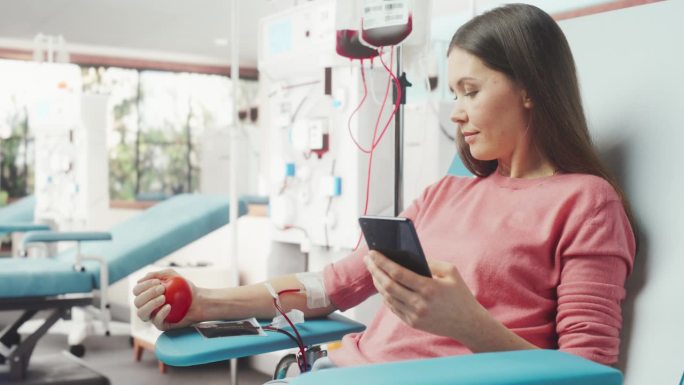为有需要的人献血的白人妇女。女献血者挤压心形红球泵血，用智能手机在线聊天。捐赠给有妊娠并发症的妇女。