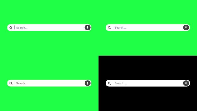 孤立的搜索栏在绿色屏幕和黑色通道。搜索引擎空字段与动画键入输入行。循环动画，色度键，2合1