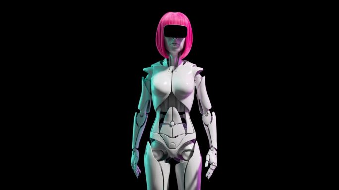 粉色头发的机器人女孩戴着虚拟现实眼镜，黑色背景