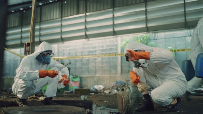 一组科学家在防护工作服的探索和取样分析。科学家在受感染的工厂区域采集有害生物样本。