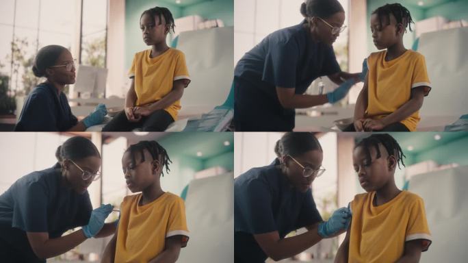 一个年轻的非裔美国男孩坐在光明医院的椅子上接种小儿麻痹症疫苗。黑人女护士正在打针。职业女性与焦虑的孩