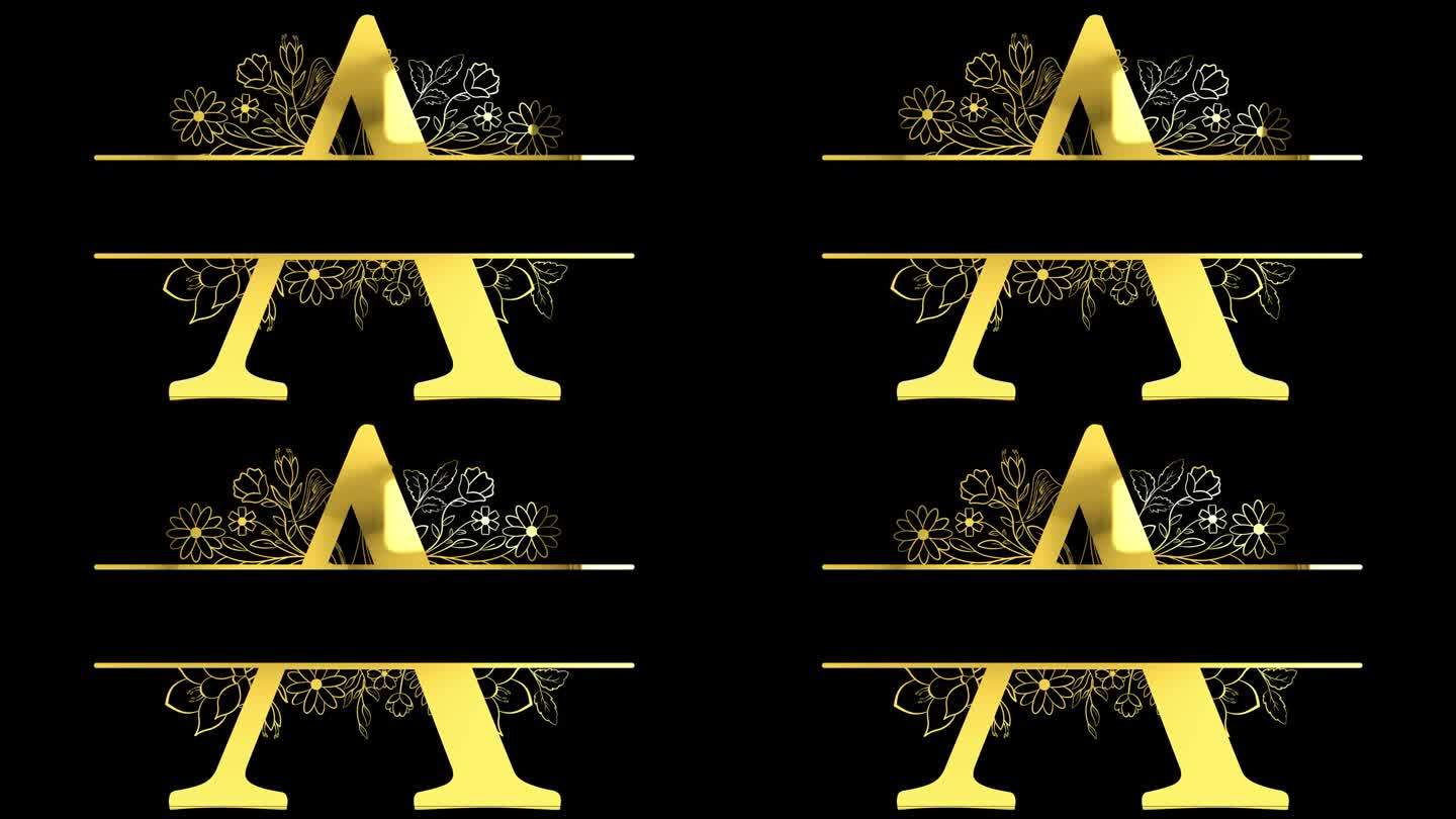 金色字母花卉交织动画，与ALPHA通道(透明背景)4K分辨率