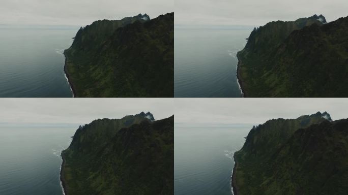 在挪威的Senja群岛上，无人机飞过挪威峡湾和挪威海的壮丽景色