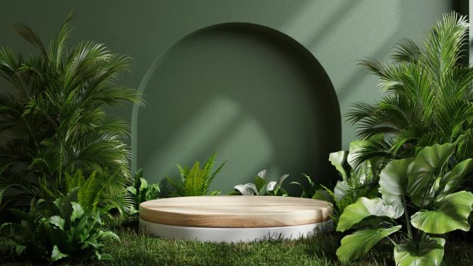 热带森林中的木制讲台用于产品展示和绿色背景。