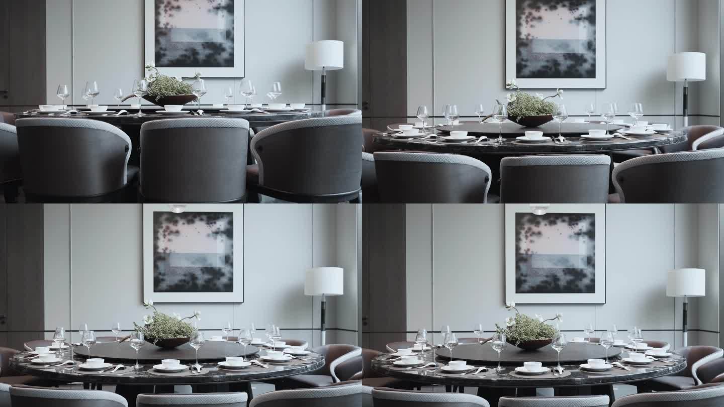 新中式餐厅内餐桌大圆桌和餐具