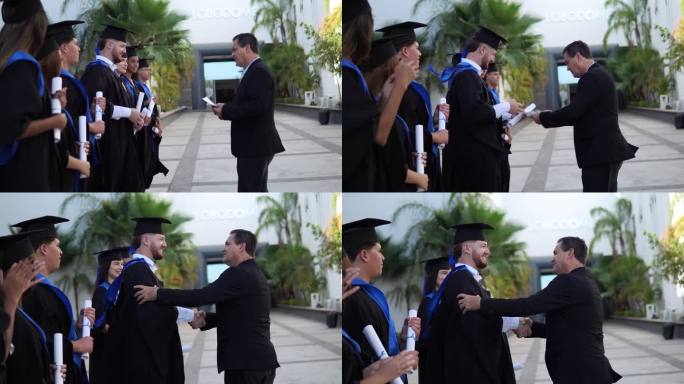 老师祝贺他的学生毕业并给他们颁发毕业证书