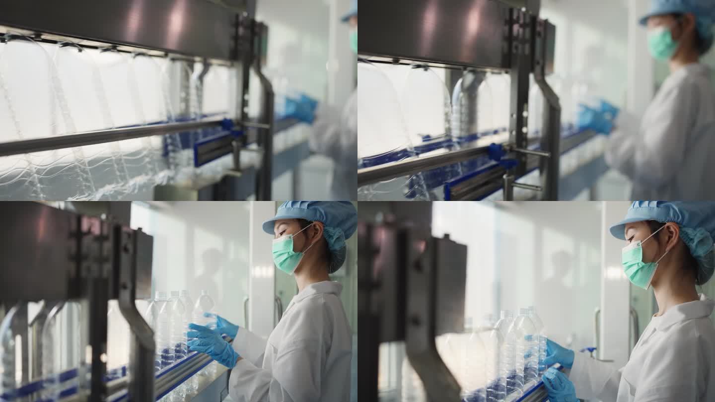 在水厂，一位穿着实验室大褂的熟练女工在装水前检查每一个塑料瓶，细致入微的质量控制世界。确保只满足最高
