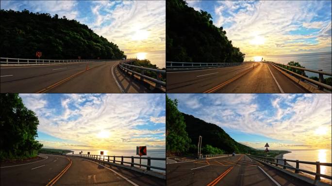 在台湾南部沿海高速公路上，开车进入日出。