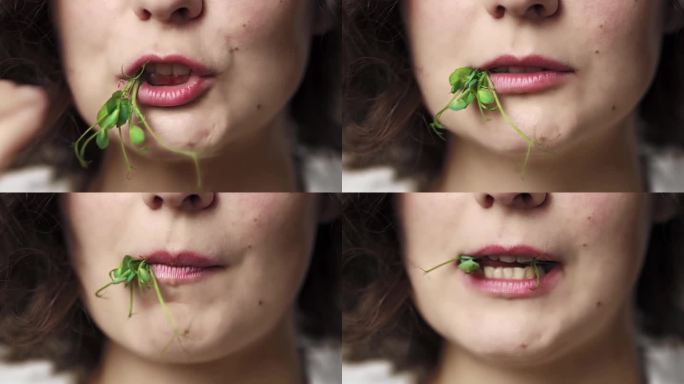 一位妇女吃着美味的青菜、豆芽特写。女人的嘴唇喜欢吃蔬菜。女孩尝试吃素