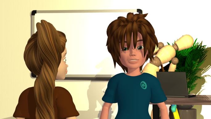 3d动画，两个卡通人物在学校里说话，木偶在打扫地板