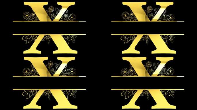 金色字母X花卉交织图案动画，与ALPHA通道(透明背景)4K分辨率
