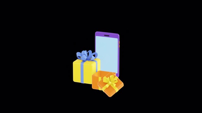 智能手机和礼物盒弹出动画。礼品赠送，移动营销，赚取奖品，奖金或奖励从商店，销售。在线现在。用ALPH