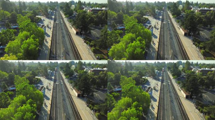 无人机POV捕捉到帕洛阿尔托火车站的全景，电影般的扫描。