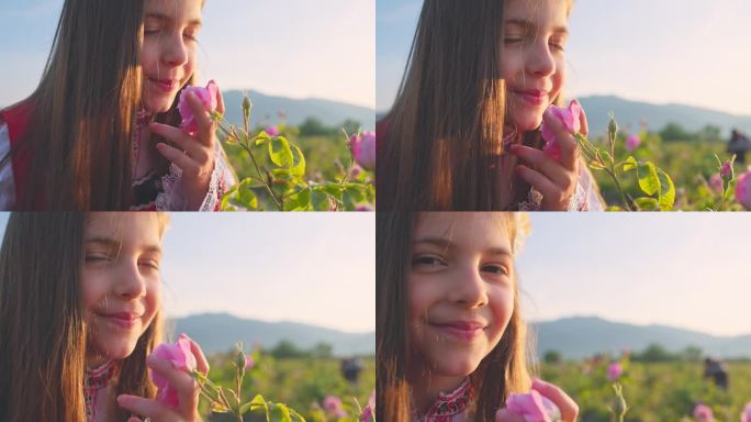保加利亚美丽的女孩穿着民族民俗服装，在玫瑰谷日出时呼吸着大马士革玫瑰精油的清新香气。保加利亚的性质