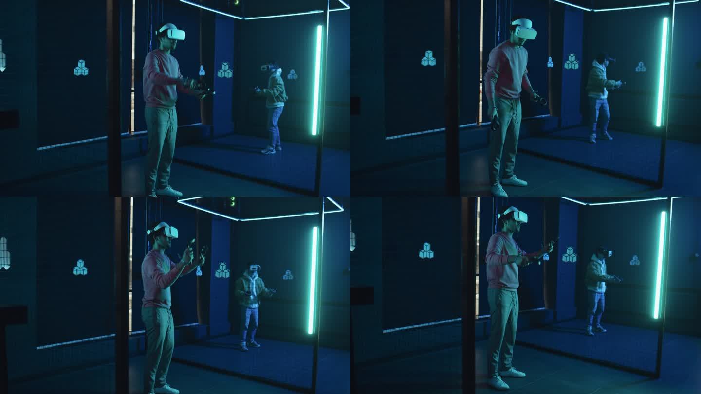 两个戴着AR眼镜的人在暗室里玩模拟现实格斗游戏