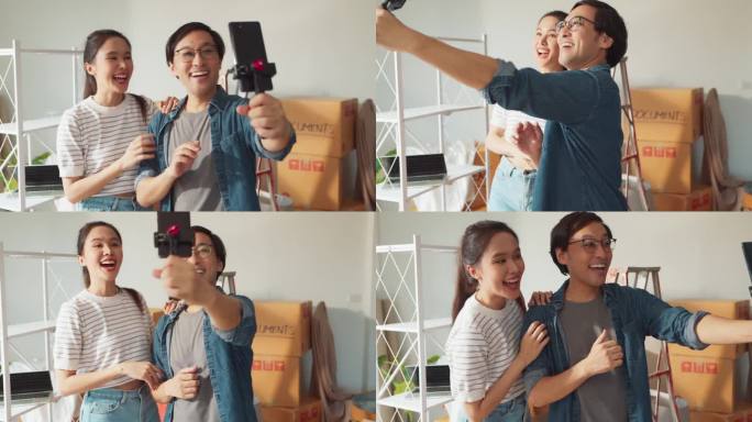 快乐快乐的亚洲已婚夫妇享受视频通话积极的家庭朋友交谈距离连接女性使用智能手机在线聊天拥抱展示新家公寓