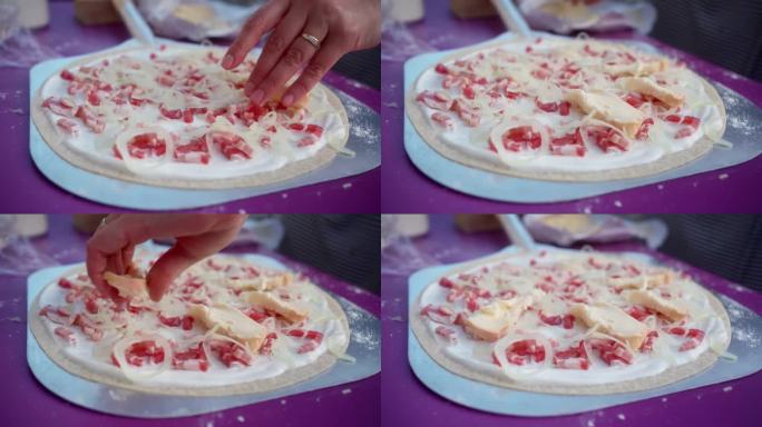 Tarte Flambee的制作是一种来自阿尔萨斯的法国披萨，由一层非常薄的糕点制成，上面覆盖着酸奶