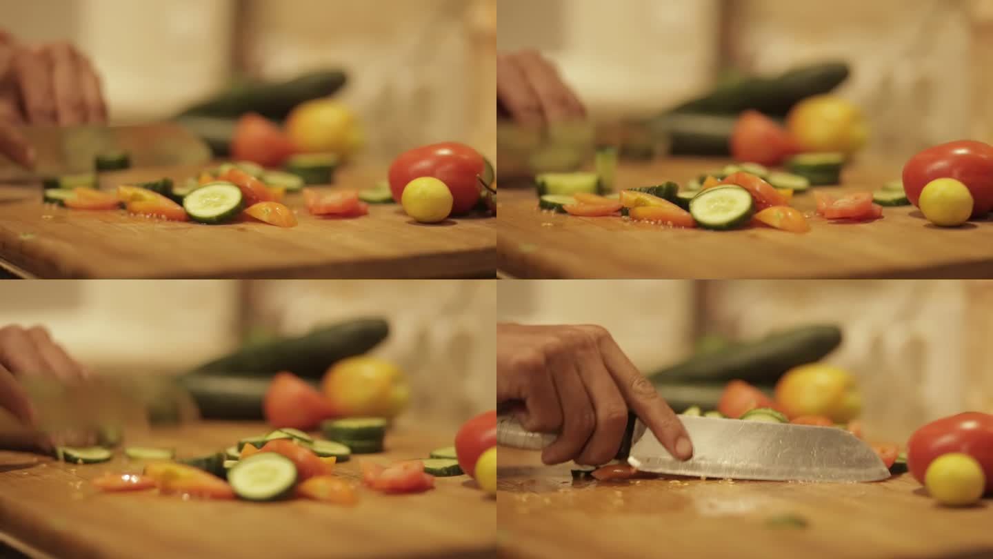 一个大师级厨师切蔬菜或黄瓜、西红柿、柠檬非常容易和顺利