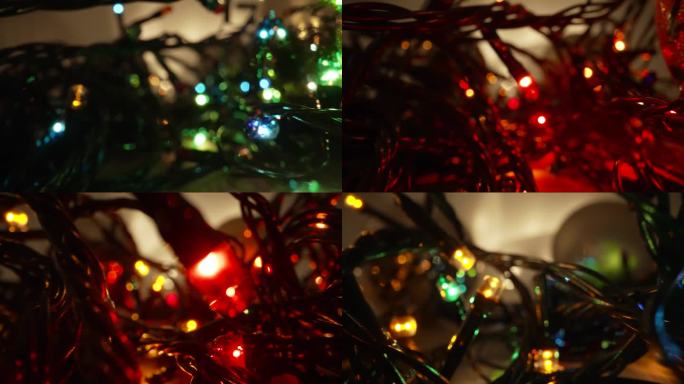 灯泡装饰，一串灯在黑暗的背景。圣诞花环，灯泡。