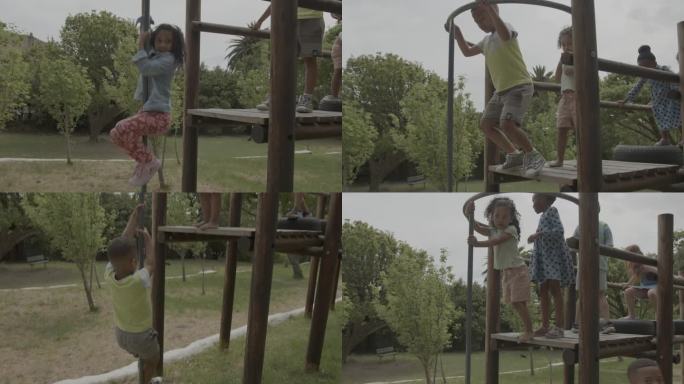 夏天的时候，孩子们在户外的攀爬架上玩耍
