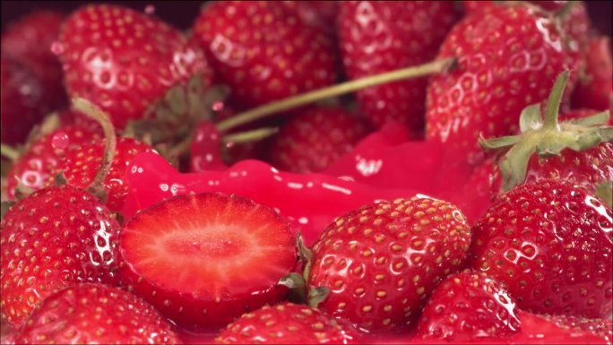草莓落在草莓之间的果汁里。慢动作1000 fps