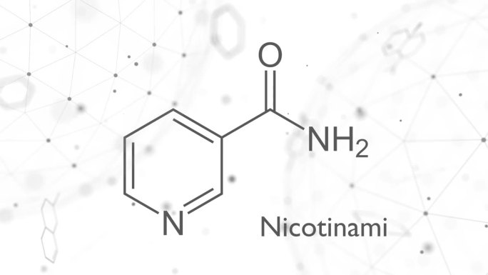 烟酰胺或烟酰胺分子。它是在食物中发现的维生素B3，用作膳食补充剂。结构化学式。