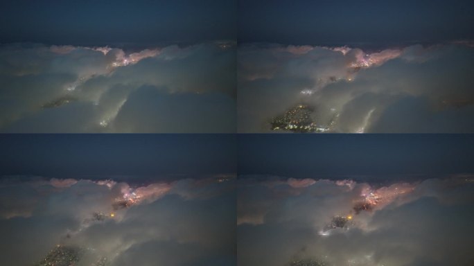 航拍平流雾下的威海市环翠区城市夜景
