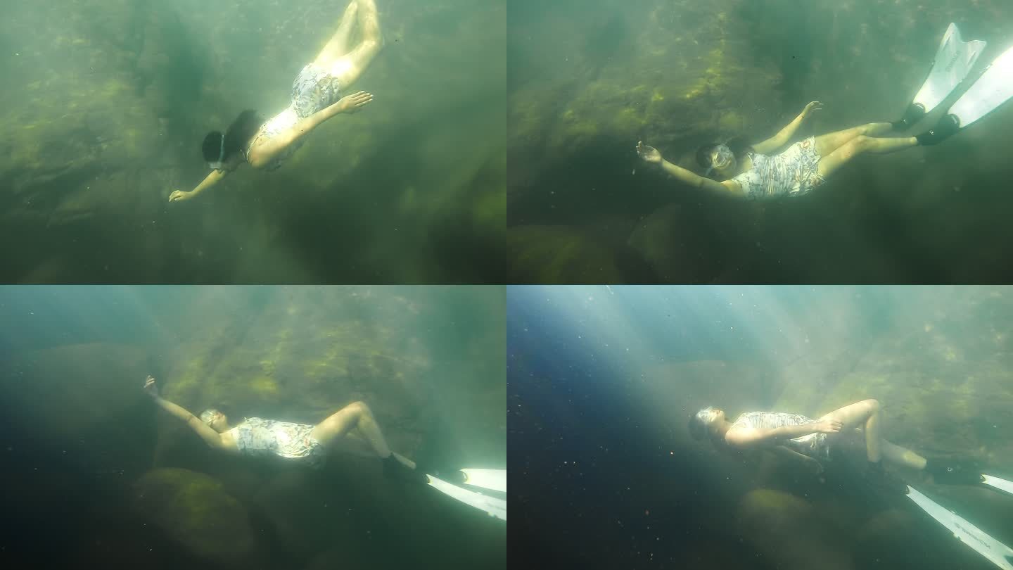 女生在溪流深潭中潜泳自由泳自由潜水