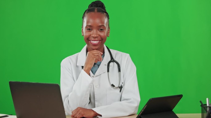 医疗保健，科技和医生黑人女性在绿屏背景下进行在线咨询。肖像，医疗和研究与女性医学专业人士，你可以信任