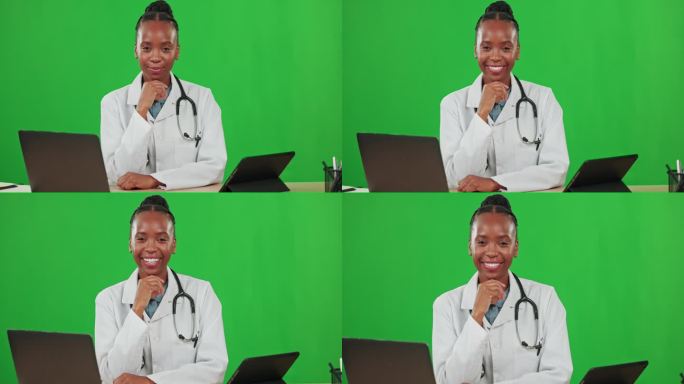医疗保健，科技和医生黑人女性在绿屏背景下进行在线咨询。肖像，医疗和研究与女性医学专业人士，你可以信任