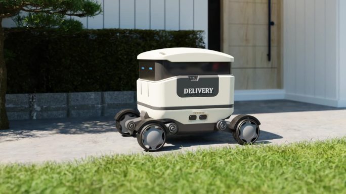 送餐机器人正驾驶着外卖迅速送到家门口。