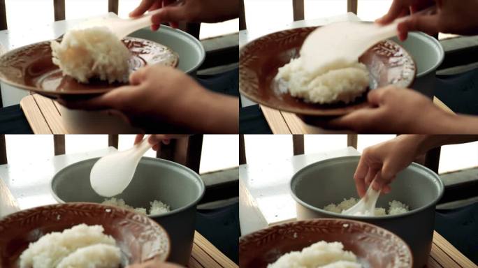 慢镜头，厨师在搅拌米饭
