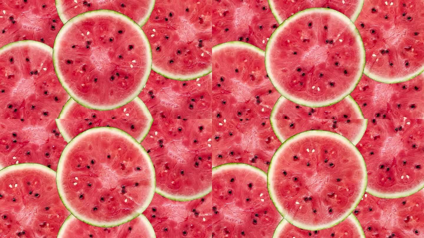 旋转西瓜片在高分辨率-完美的夏天，假期和健康的饮食概念与西瓜