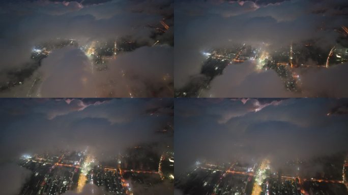 航拍平流雾下的威海市环翠区城市夜景