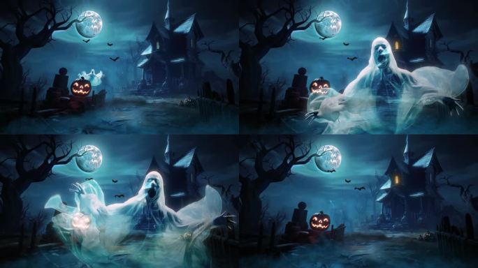 万圣节鬼屋与蝙蝠，鬼和南瓜在满月电影循环视频动画