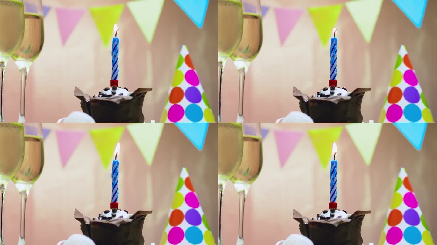 出生日期明信片。生日背景快乐。蜡烛蛋糕。周年纪念，香槟和酒杯。美丽的背景与装饰诞生。