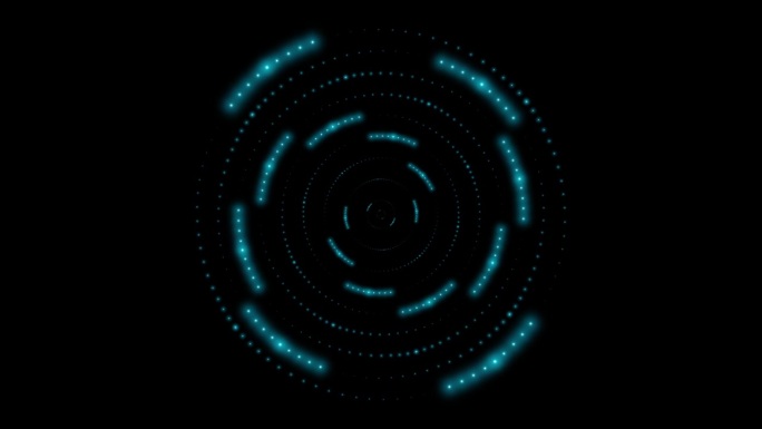许多不同尺度的旋转圆圈，由闪烁发光的小霓虹灯点组成，像目标一样排列的灯泡，孤立在黑色背景上。4k循环
