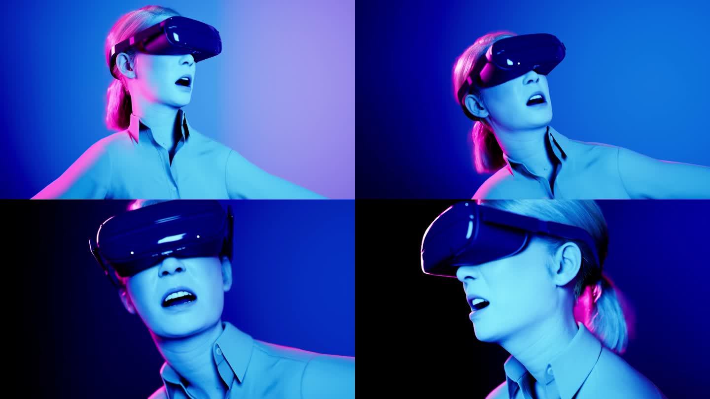 技术，网络游戏，娱乐，虚拟世界中的3D模拟。戴着vr眼镜的千禧一代女性在霓虹灯工作室里播放，3d渲染