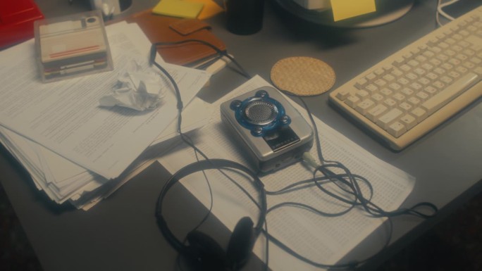 耳机和个人卡带播放器在桌子上