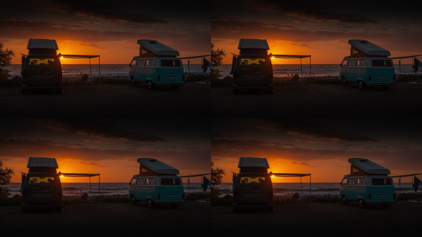 日落时沙滩上的露营车