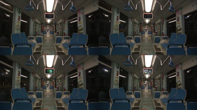 广州夜晚空无一人的城铁行驶过程中
