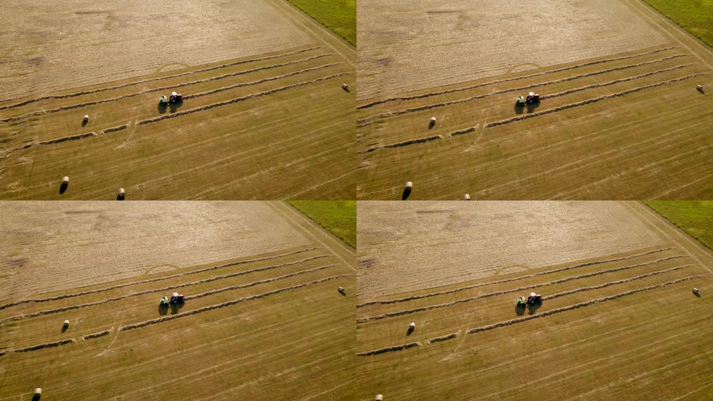 拖拉机在田间搬运秸秆，收割小麦后将干草收集成圆捆